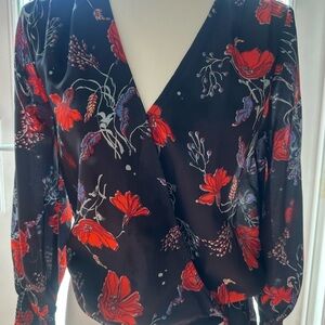 Madewell Silk Floral Wrap Blouse - Black and Red